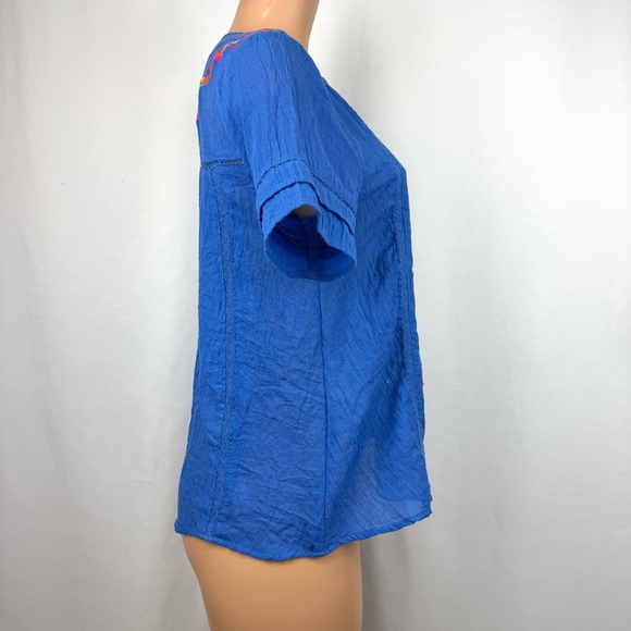Umgee Women’s Small Gauzy Boho Blue Tunic Top Embroidered Flowers Short Sleeve - Picture 4 of 14